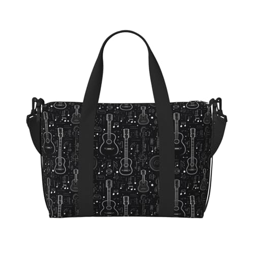 Travel Duffle Bags For Women Men - Cool Black Guitar Print Personal Item Weekender Overnight Gym Carry On Airport Tote Bag With Strap For Yoga, Travel, Business Trips