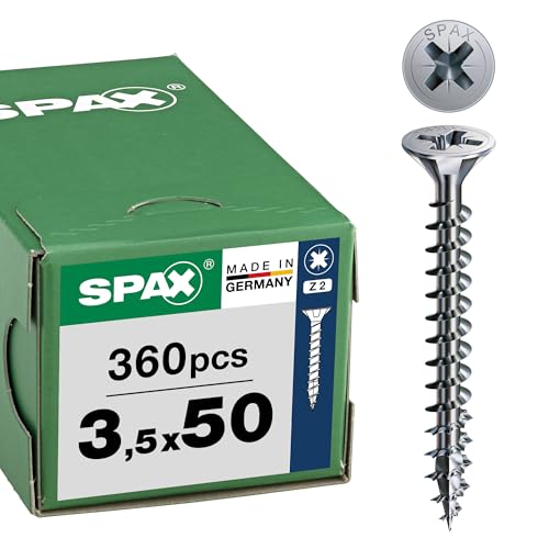 SPAX Tornillos universales 3,5 x 50 mm, 360 unidades - Tornillo con cabeza avellanada con recubrimiento WIROX, rosca completa, ranura en cruz Z2, punta 4CUT - Tornillos para madera 8000000286957