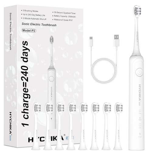 HYCHIKA - Cepillo de dientes eléctrico recargable sónico con 8 cabezales de cepillo de dientes, 240 días de duración de la batería, 3 modos de limpieza, IPX7, temporizador inteligente de 2 minutos