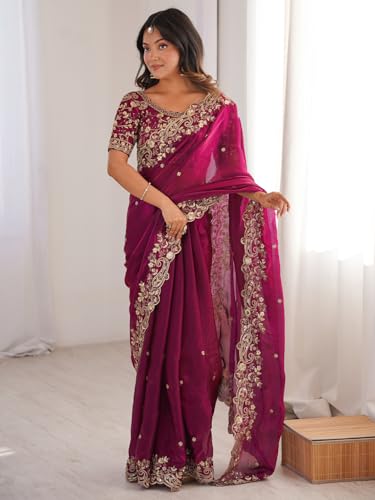 Image of AKHILAM Women's Shimmer Satin Sequence Embroidery Saree With Unstitched Blouse Piece(AARYAN21401 KR Parent)