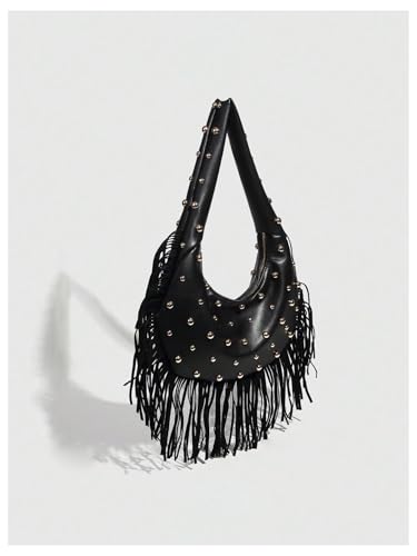 MakeMeChic Women's Fringe Studded Faux Leather Shoulder Bag Zipper Y2k Underarm Handbag Purse4