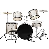 Ktaxon 22 Inch Adult Drum Set, 5-Piece Full-Size Drums Kit with Cymbal Stands, Hi-hat Stand, Sticks, Drum Pedal, Stool & Floor Tom for Beginner Teens Student (Silver)