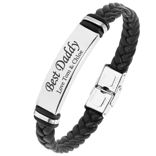 The Magical touch TMT Personalised Black Men's Leather Bracelet Adjustable Size for Dad ID Identity Birthday Gift Name Engraved | Best Men Boyfriend
