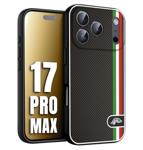 CUSTOMIZZA - Custodia cover nera morbida in tpu compatibile per iPhone 17 PRO MAX effetto fibra di carbonio bandiera Italia made in Italy