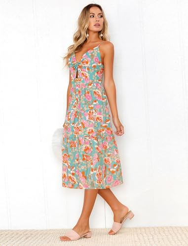 Image of Angashion Women's Dresses-Summer Floral Bohemian Spaghetti Strap Button Down Swing Midi Dress