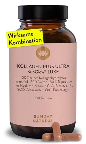 SUNDAY NATURAL® Kollagen Kapseln Plus Ultra SunGlow® Luxe – 180 Kapseln – Premium Collagen Pulver mit Vitamin C, Astaxanthin, Q10 & Hyaluron – Hergestellt aus Kollagen Typ 1 & 3 – Laborgeprüft