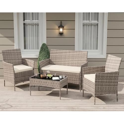 GarveeLife 4-Piece Patio Furniture Set, Rattan Outdoor Furniture with Upholstered Sofa, 2 Chairs & Coffee Table, Modern Conversation Bistro Set for Garden Backyard Porch (Grey and Beige) Gre