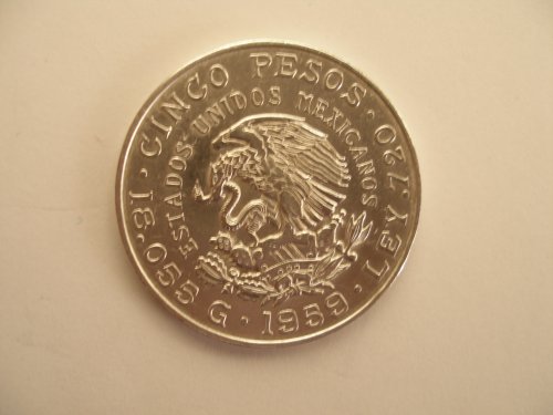 Ano De Carranza Silver Commorative Coin 1859-1959 5 Pesos Ley .720