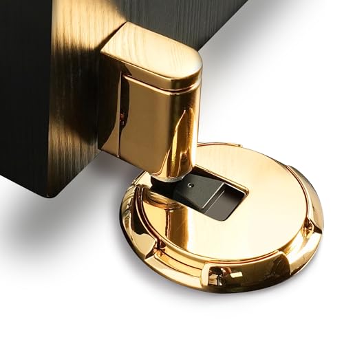 DOOROOM Windproof Door Stopper Indoor Heavy Duty Floor Door Stop Keep Door Open Mechanical No Drilling Door Stopper with Screws and 3M Adhesive, 2 Pack, Bright Gold