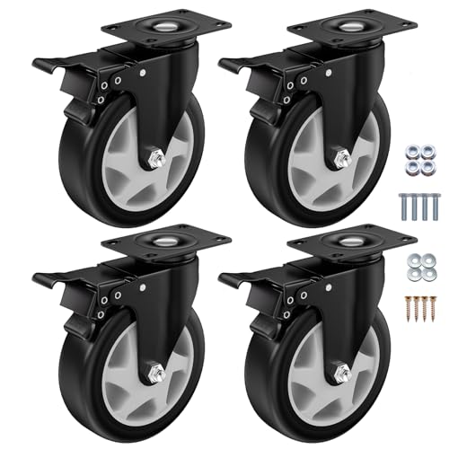 Image of 5 Inch Caster Wheels, Casters Set of 4, ASHGOOB Casters with Brake Heavy Duty 1600 Lbs, Industrial Locking Swivel Top Plate Castor Wheels for Workbench /Furniture /Cart.（AB Switch, Double Pedal Brake
