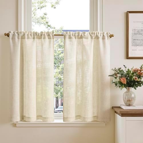 TOPICK Scheibengardinen Leinenoptik Bistrogardine 2er Set H60xB90 Beige | Lichtdurchlässig Küchenvorhänge blickdicht Modern Schrank Kurzgardine Küchfenster landhausstil küchengardi