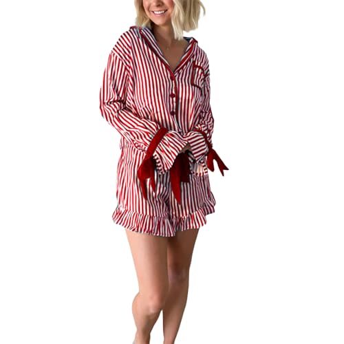 KOSUSANILL Christmas Pajamas Set for Women Cute Santa Nutcracker Button Down Shirt Long Sleeve Shorts Pjs Set Satin Silk 2 Piece Xmas Jammies Holiday Pajama Vacation Loungewear Bow Tie Striped Red