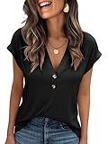 Cicy Bell Damen Tshirt Damen Sexy V Ausschnitt Mit Knöpfe Oberteile Lockere Kurzarm Blusen.Schwarz S