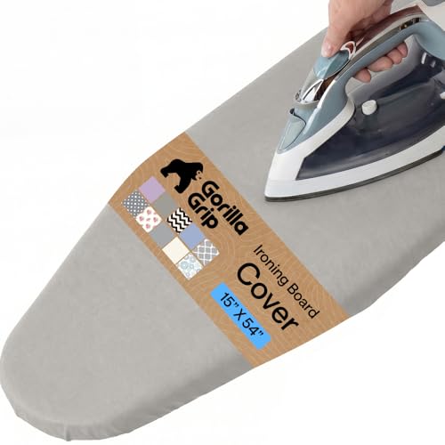 GORILLA GRIP The Original Ironing Board Cover and Pad, Silicone Coating, 400°F Scorch Resistant Thick Padding, Heavy Duty Iron Covers Standard Boards, Hook and Loop Fastener Strap, Silver 15x54