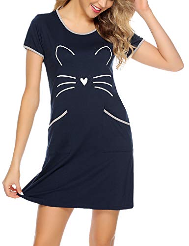 Sykooria Nachthemd Damen Kurzarm Baumwolle Sommer Nachtwäsche Nachtkleid Katzen Druck Rundhalsausschnitt Sleepshirt mit 2 Taschen, Weiches und Bequemes Material