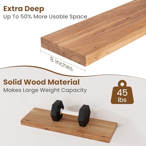Image of Floating Shelves for Wall Decor, 8 inch Deep Rustic Solid Elm Wood Floating Shelves Wall Mounted, Wall Shelves with Invisible Bracket for Living Room Bathroom Bedroom Kitchen, 24 Inch Set of 2, Natural