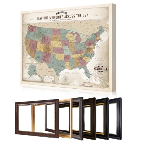 Image of DECORARTS - Large Personalized Push Pin Travel Map USA, Custom Name, Pin Board Canvas Wall Art, Vintage Pastel United States Decor, Optional Wood Frame, Giclee Print, Handcrafted in USA, 35x28''