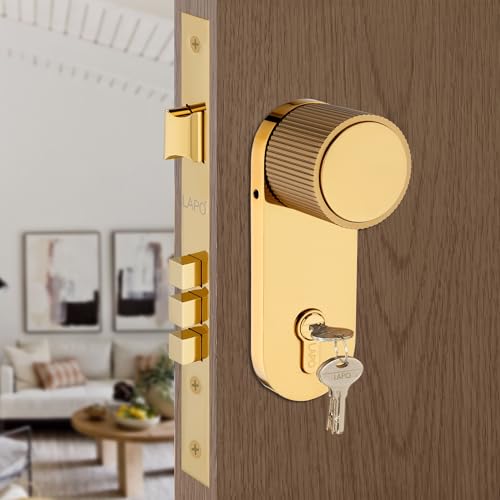 Image of LAPO Mortice Lock for Main Entrance, 60x85mm Lock Body, Suitable for 30-50mm Door Thickness, 70mm Cylinder with 3 Brass Keys, Left & Right Door Compatibility, Gold Finish, 3 Years Warranty - 317