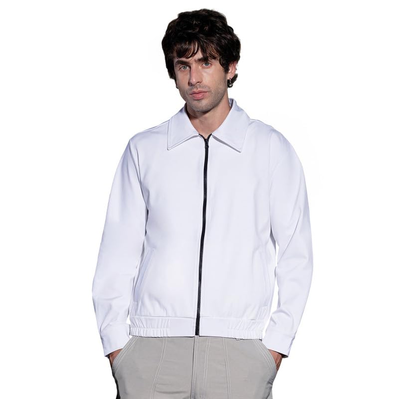 Men Jacket, Point Collar, Long Button-Cuff Sleeves, Zipper, Stretch-Straight Hem, Solid Jersey Knitted Fabric For Casual, Chalk White