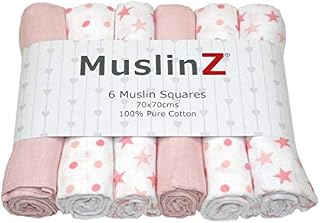 MuslinZ 6pk Baby Muslin Squares Burp Cloths 100% Pure Soft Cotton 70x70cm Pink Stars