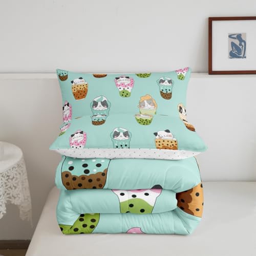 Image of Feelyou Kids Milk Tea Comforter Set Twin Size, Cute Kitten Cat Bedding Set Bubble Tea Comforter Kids Boys Girls Kawaii Duvet Insert Room Decor with 1 Pillow Case