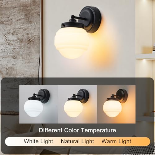 Image of Wall Sconces Set of 2 for Bathroom Black Vanity Light Fixture Modern wall lamp with White Glass for Bedroom Living Room Hallway Mirror Kitchen (Hardwired, E26)