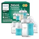 Philips Avent Natural Newborn Glass Gift Set, Baby Bottles with Natural Response Nipples, 3x 4oz (Slow Flow, Flow 2) and 2x 8oz (Medium Flow, Flow 3), 2x Silicone Sleeves, SCD858/01