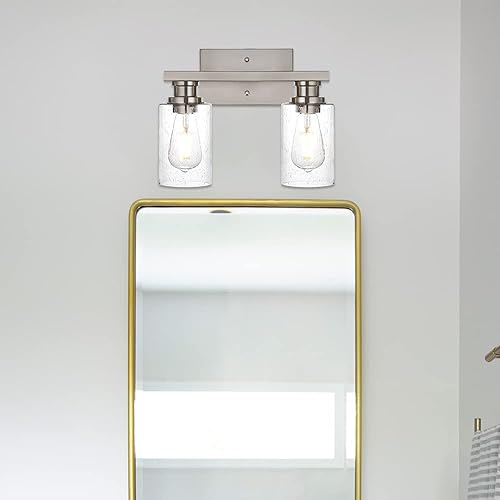 Miniatura 3 de VINLUZ 2 luces en acabado de níquel cepillado de metal para tocador de baño, apliques de pared industriales sobre espejo con pantalla de vidrio