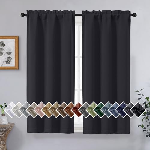 Image of Black Short Blackout Curtains for Bedroom 45 Inches Long 2 Panels Set, Solid Thermal Insulated Blackout Curtains, Energy Saving Soft Fabric Window Drapes, Dual Rod Pocket, 2x40Wx45L Inches