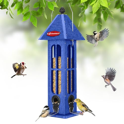 Kingsyard Rainproof Bird Feeder for Outdoor Hanging - Recycled Plastic Wild Bird Feeder with 4 Metal Ports, Garden Yard Decorations for Bluebird Finches, Blue