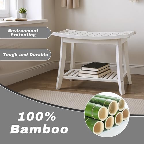 Image of Bamboo Shower Bench Stool,24 inch Shower Chair Seat Non-Slip,Waterproof Bathroom Bench with Storage Shelf for Adults,Elderly, Disabled Indoor&Outdoor Use (White)