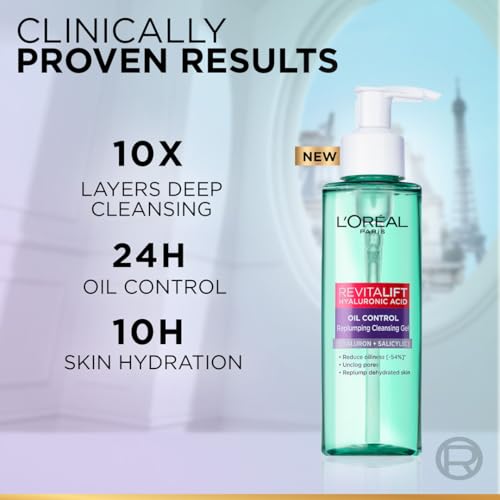 Image of L'Oreal Paris Revitalift Hyaluronic Acid Oil Control Replumping Cleansing Gel, enriched with Hyaluronic Acid & Salicylic Acid for cleansing the face deeply, 120ml