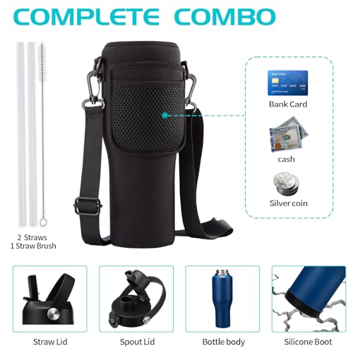 Image of 40oz Insulated Water Bottle that fits in Cup Holder - Water Cup with Spout Lid, Straw, Sleeve with Side Handle, Vacuum Stainless Steel Travel Tumbler Keep Cold 48h /Hot 24h