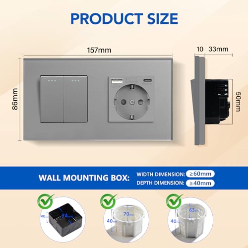 BSEED Lichtschalter mit Steckdose 2 Fach 2 Wege,Wandschalter mit 16A Schuko Steckdose mit USB Anschluss (Max. 2.1A) Typ C Port Grau,Physische Unterputz Wechselschalter mit Steckdose- 157mm