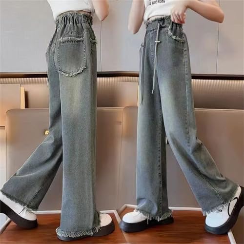 Teen Girls Retro Jeans Elastic High Waist 𝗗rawstring Denim Pants Streetwear Floor Length Trousers with Pocket2