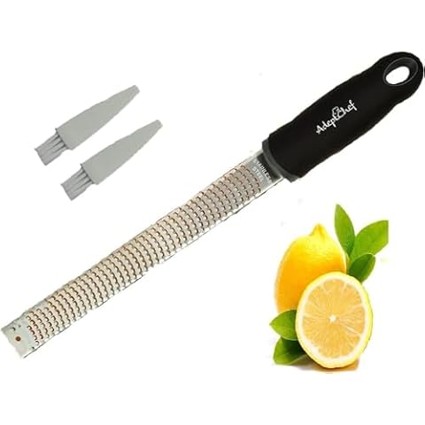 Citrus Lemon Zester & Cheese Grater by AdeptChef - Parmesan Cheese, Lemon, Ginger, Garlic, Nutmeg, Vegetables, Fruits - Very sharp Stainless Steel Blade Protective Cover, Dishwasher Safe Cover