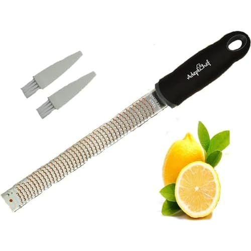 Citrus Lemon Zester & Cheese Grater by AdeptChef – Parmesan Cheese, Lemon, Ginger, Garlic, Nutmeg, Vegetables, Fruits – Very sharp Stainless Steel Blade Protective Cover, Dishwasher Safe