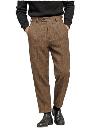 Men's Tweed Herringbone Wool Pleated Dress Pants
