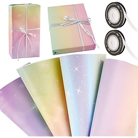 8 Sheets Rainbow Gradient Gift Wrapping Paper 50 * 70cm Multicolored Wrapping Papers with 2 Rolls 5M Glitter Silver Ribbon Gift Packaging Paper for Wedding Birthday Party Favor Supplies Cover