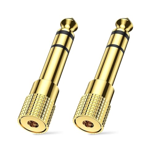 FAST-FX 2 Pcs Gold Plated Headphone Jack Adapter 3.5mm to 6.35mm, 1/8 to 1/4" Plug Stereo Auxiliary Adapter, Mini Jack to Jack Adapter or Electric Keyboard Mixer Amplifier Speaker Headphones