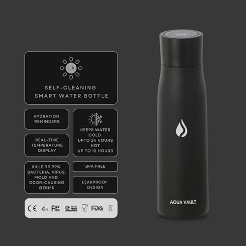 Image of AQUA VAULT PureX Self-Cleaning Smart Water Bottle - 750ml 25oz | With UV-C Purifier, Digital Temperature Display & Hydration Reminder | 316 Medical Grade Stainless Steel | 24H Cold-12H Hot