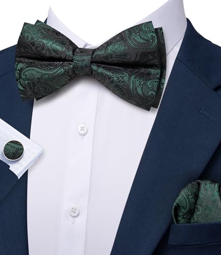 Image of Barry.Wang Paisley Striped Bow Tie for Men Silk Pre-Tied Bowtie Pocket Square Cufflinks Set Formal Wedding Party Prom