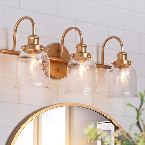 Image of KSANA Gold Bathroom Light Fixtures, Modern 3 Lights Vanity Light with Seeded Glass Shade Over Mirror for Powder Room, Bedroom and Dressing Area