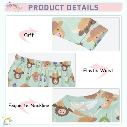 Cartoon Cute Highland Cattle Flowers Cute Pajama Sets Long Sleeve Top and Pants, Snug Fit Sleepwear for Night Wears4