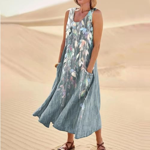 OIOLOYJM Linen Dresses for Women 2024 Casual Cotton Linen Dress Sleeveless Flowy Maxi Dress Summer Beach Tank Dress Loose Fit Crew Neck Dress Plus Size Pocket Sundresses, Medium, 40-gray