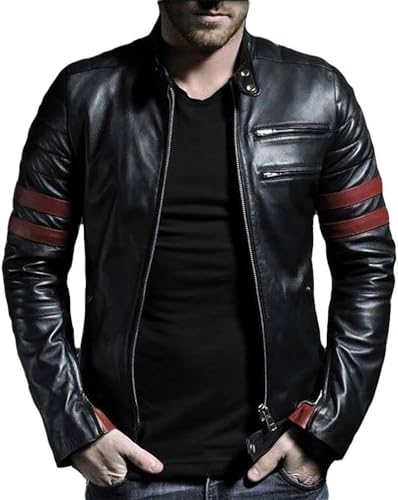 Men's Genuine Lambskin Motorcycle Red Stripes Fight Retro Black Biker Leather Jacket