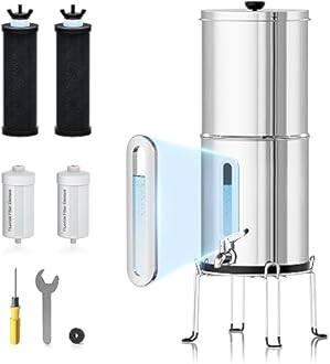 Purewell 1.5G Stainless-Steel Filter System with 2 Black Filters, Countertop Gravity Water Filter System with Embedded Water-Level Viewing Window - Ideal for Kitchen, Camping and Outdoor Adventure