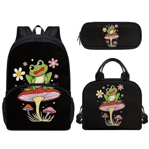 Zaino per la scuola per bambini set da 3 pezzi per adolescenti ragazze ragazzi studenti elementari casual con scatola per il pranzo riutilizzabile e astuccio per matite Fungo Rana