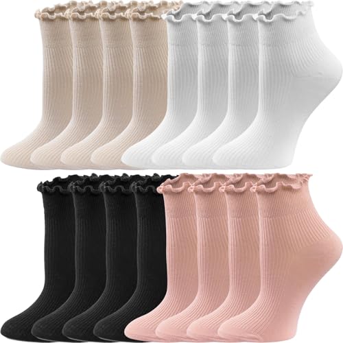 Image of 8 Pairs Cute Ruffle Frilly Ankle Socks Women, Lace Lettuce Socks