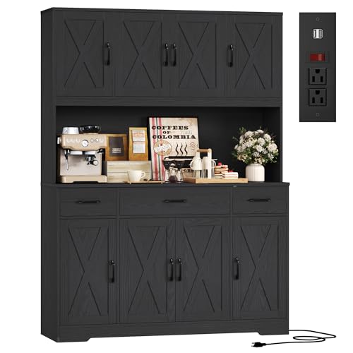 Image of HOSTACK 71 inch H Kitchen Pantry Cabinet, 55 inch Kitchen Hutch, Black Wood Grain | Large Pantry Starge Cabinet with Charging Station / Countertop / Drawer, Farmhouse Hutch Cabinet with Storage for Dining Room
